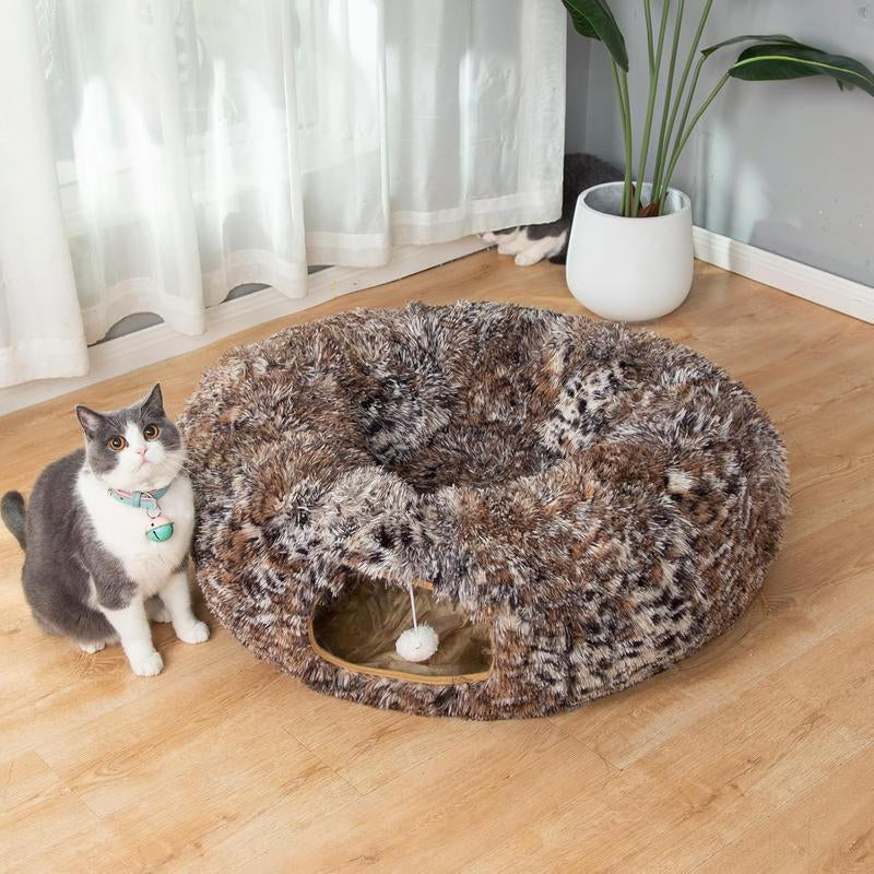 LUCKITTY Cozy Leopard Print Plush Cat & Dog Tunnel Bed - Collapsible 3FT Playground with Washable Cushion for Indoor Pets