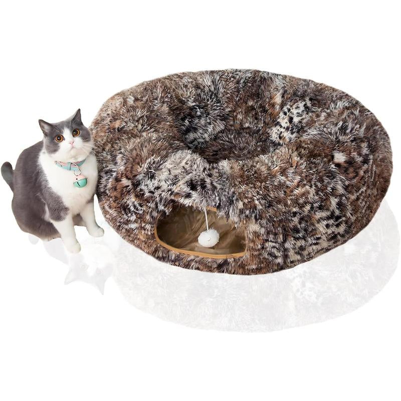 LUCKITTY Cozy Leopard Print Plush Cat & Dog Tunnel Bed - Collapsible 3FT Playground with Washable Cushion for Indoor Pets