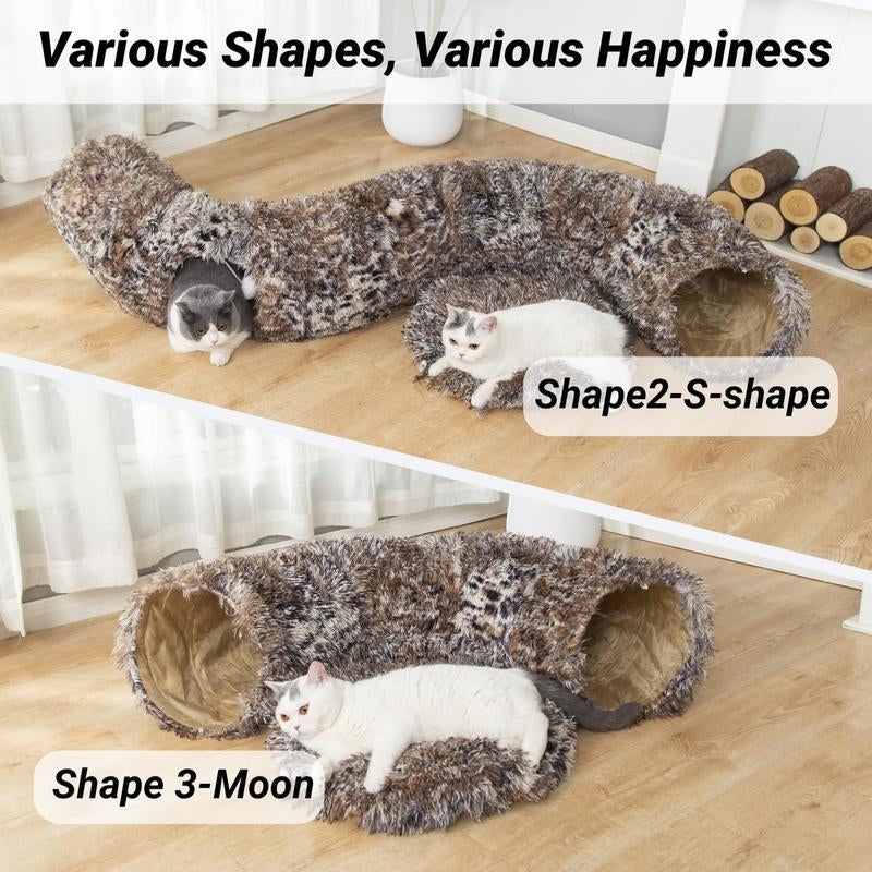 LUCKITTY Cozy Leopard Print Plush Cat & Dog Tunnel Bed - Collapsible 3FT Playground with Washable Cushion for Indoor Pets