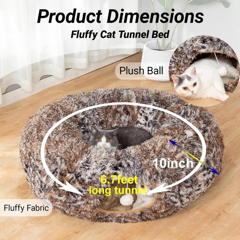LUCKITTY Cozy Leopard Print Plush Cat & Dog Tunnel Bed - Collapsible 3FT Playground with Washable Cushion for Indoor Pets