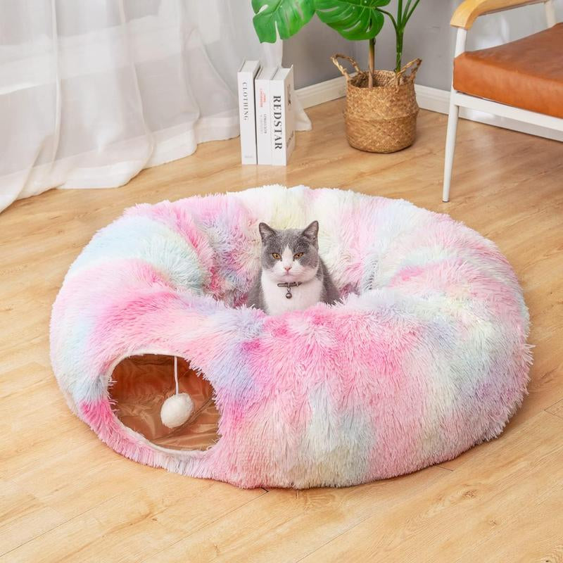LUCKITTY Cozy Leopard Print Plush Cat & Dog Tunnel Bed - Collapsible 3FT Playground with Washable Cushion for Indoor Pets