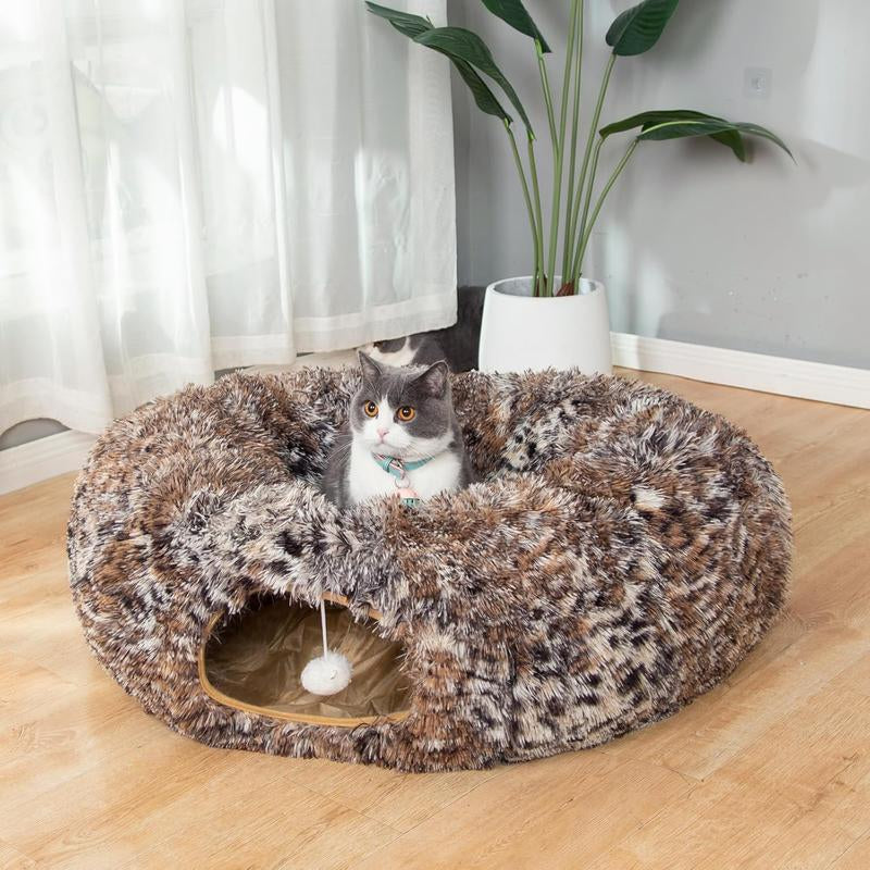 LUCKITTY Cozy Leopard Print Plush Cat & Dog Tunnel Bed - Collapsible 3FT Playground with Washable Cushion for Indoor Pets
