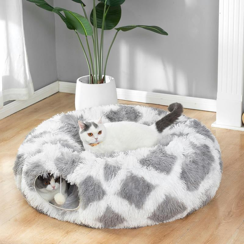 LUCKITTY Cozy Leopard Print Plush Cat & Dog Tunnel Bed - Collapsible 3FT Playground with Washable Cushion for Indoor Pets