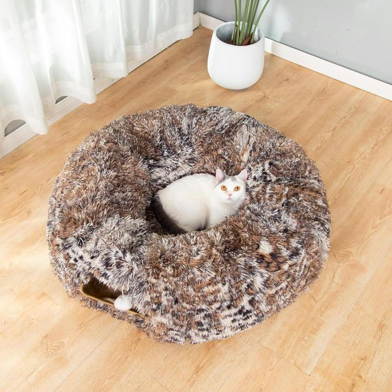 LUCKITTY Cozy Leopard Print Plush Cat & Dog Tunnel Bed - Collapsible 3FT Playground with Washable Cushion for Indoor Pets