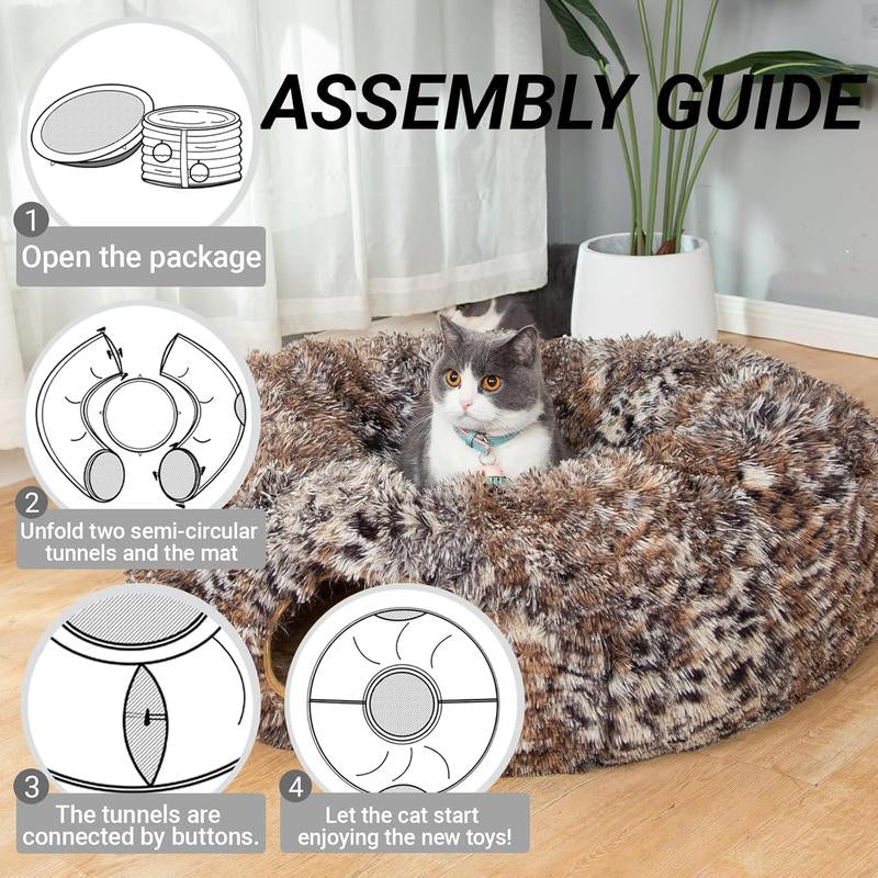 LUCKITTY Cozy Leopard Print Plush Cat & Dog Tunnel Bed - Collapsible 3FT Playground with Washable Cushion for Indoor Pets
