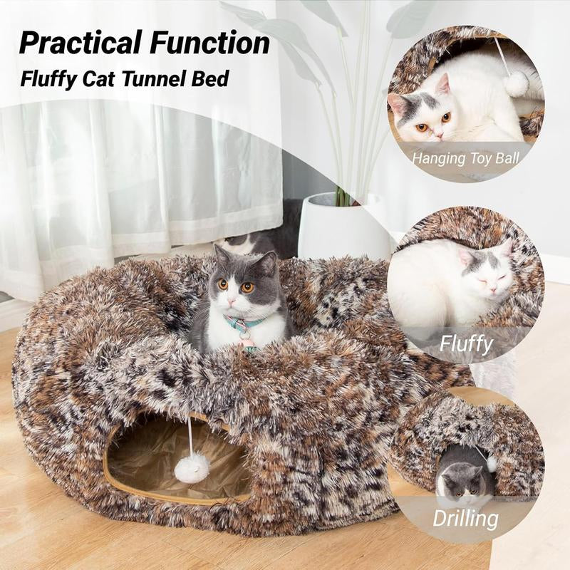 LUCKITTY Cozy Leopard Print Plush Cat & Dog Tunnel Bed - Collapsible 3FT Playground with Washable Cushion for Indoor Pets