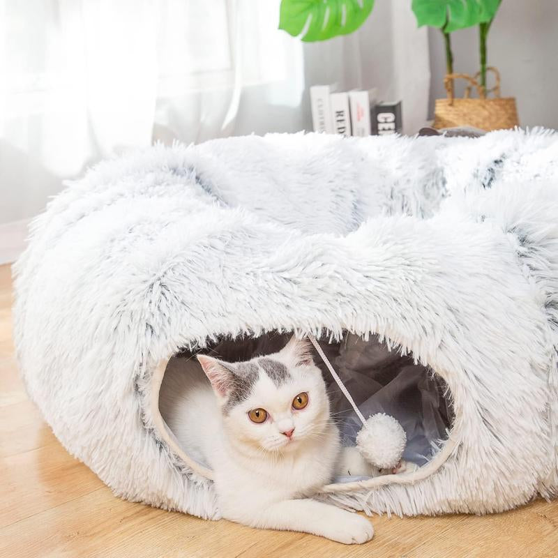 LUCKITTY Cozy Leopard Print Plush Cat & Dog Tunnel Bed - Collapsible 3FT Playground with Washable Cushion for Indoor Pets
