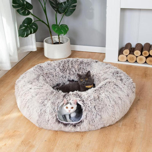 LUCKITTY Cozy Leopard Print Plush Cat & Dog Tunnel Bed - Collapsible 3FT Playground with Washable Cushion for Indoor Pets
